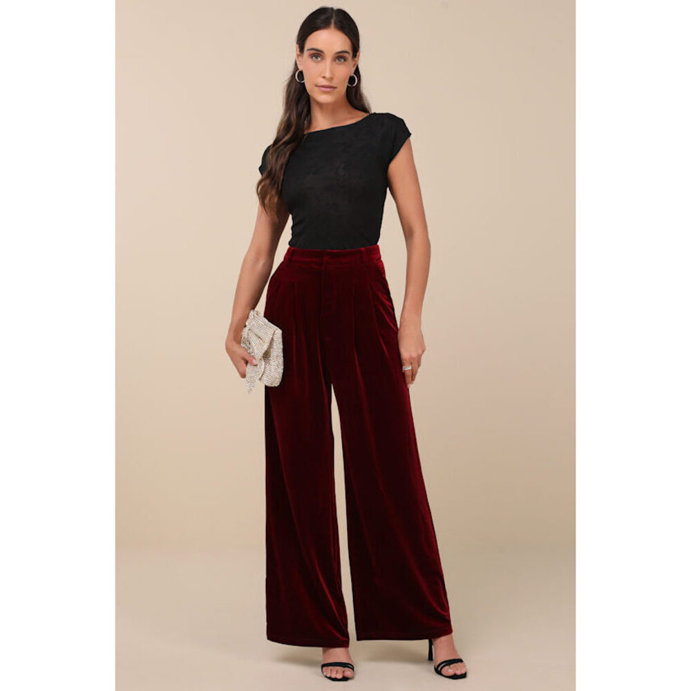 Lulus Chic Splendor Wine Red Velvet Pleated High-rise Wide-leg Pants - Size L